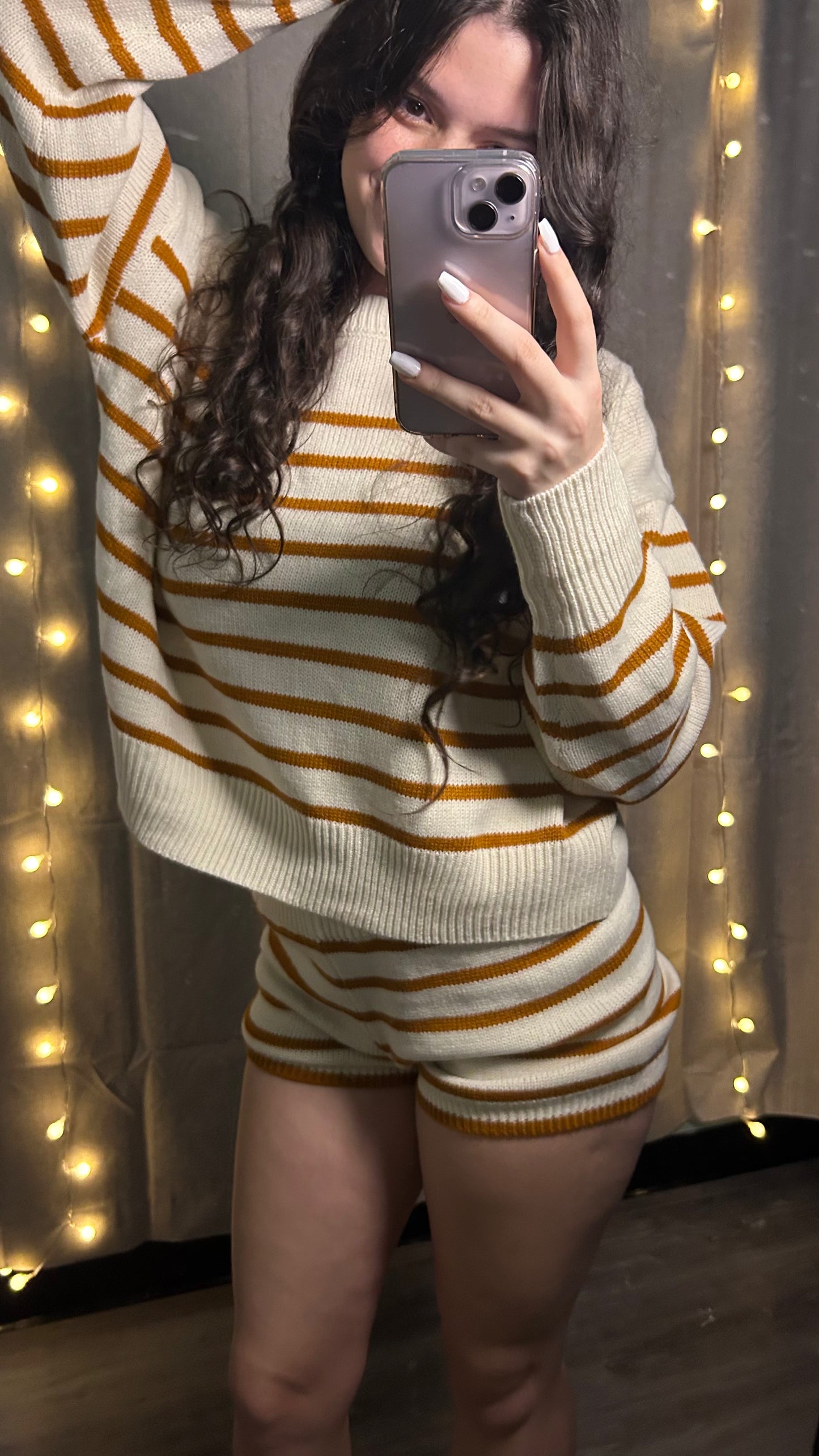 Cozy Striped Knit Lounge Set – Oversized Sweater + High-Waist Shorts | Fall Loungewear Outfit