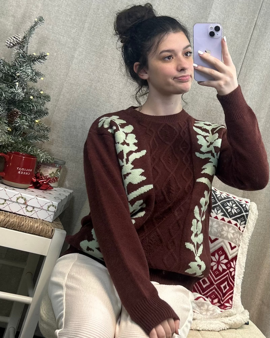 Gingerbread Latte Leaf Knit Sweater | Cozy Christmas Sweater Women | Winter Cable Knit Pullover | Holiday Aesthetic Outfit