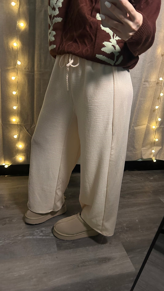 Cream Ribbed Knit Lounge Pants – High-Waist Wide Leg Cozy Pants | Neutral Fall Loungewear
