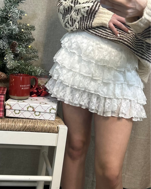 Snowflake Ruffle Lace Mini Skirt | White Christmas Party Skirt | Winter Holiday Outfit Bottoms | Layered Flowy Skirt Women