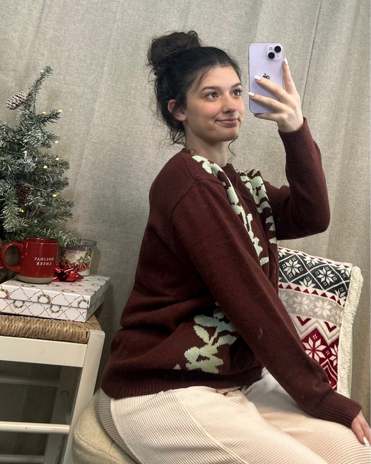 Gingerbread Latte Leaf Knit Sweater | Cozy Christmas Sweater Women | Winter Cable Knit Pullover | Holiday Aesthetic Outfit