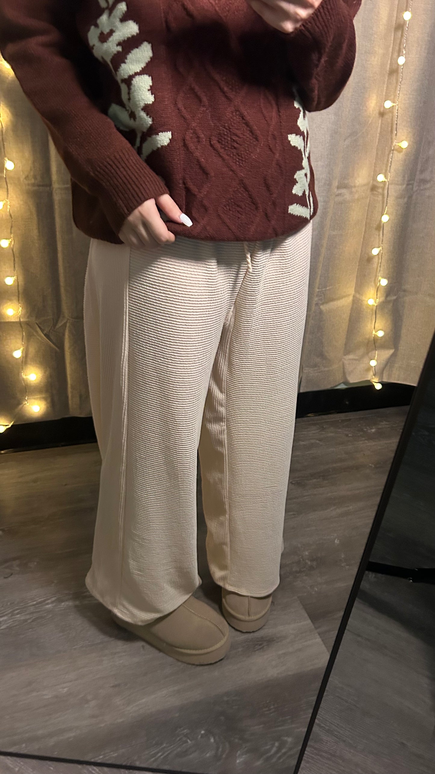 Cream Ribbed Knit Lounge Pants – High-Waist Wide Leg Cozy Pants | Neutral Fall Loungewear