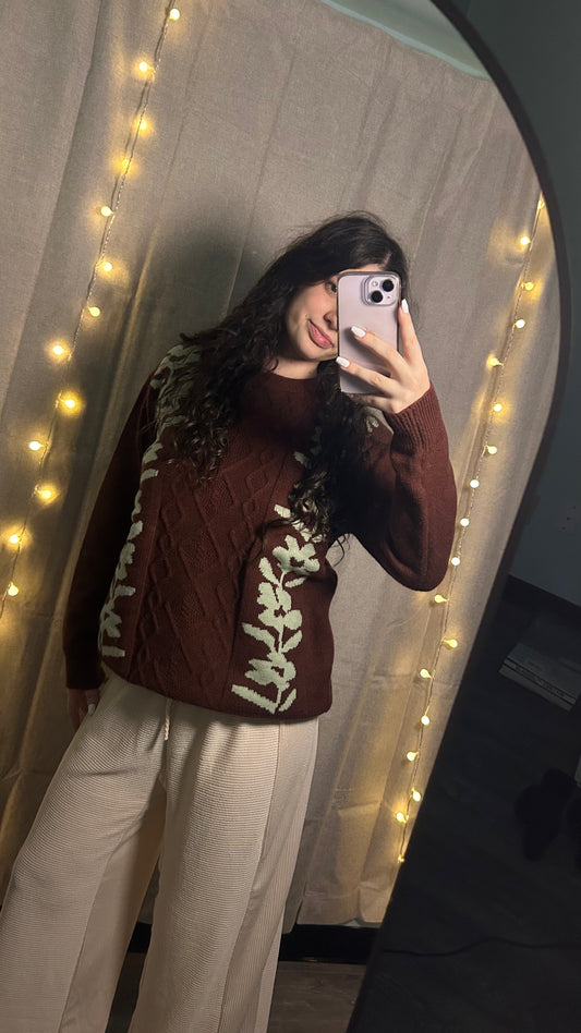 Brown Embroidered Leaf Knit Sweater – Cozy Cable Knit Fall Pullover | Boho Cottagecore Outfit