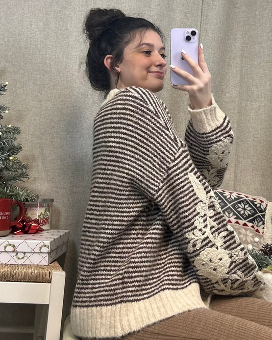 Hot Cocoa Floral Knit Sweater | Cozy Winter Striped Pullover | Christmas Aesthetic Top | Brown & Cream Holiday Sweater