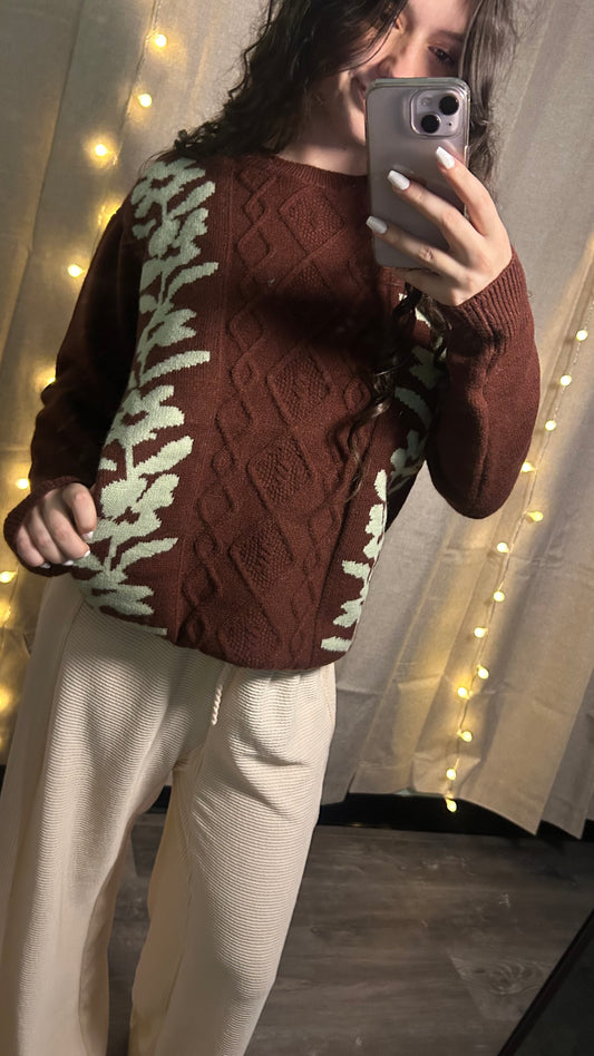 Brown Embroidered Leaf Knit Sweater – Cozy Cable Knit Fall Pullover | Boho Cottagecore Outfit