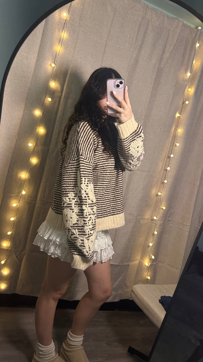 Vintage-Inspired Knit Sweater – Neutral Boho Fall Pullover with Pattern Sleeves