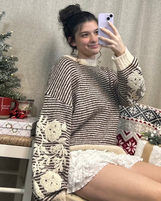 Hot Cocoa Floral Knit Sweater | Cozy Winter Striped Pullover | Christmas Aesthetic Top | Brown & Cream Holiday Sweater