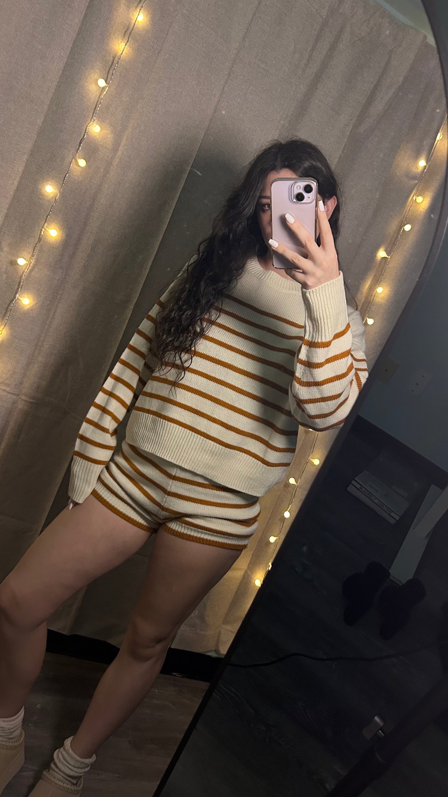 Cozy Striped Knit Lounge Set – Oversized Sweater + High-Waist Shorts | Fall Loungewear Outfit