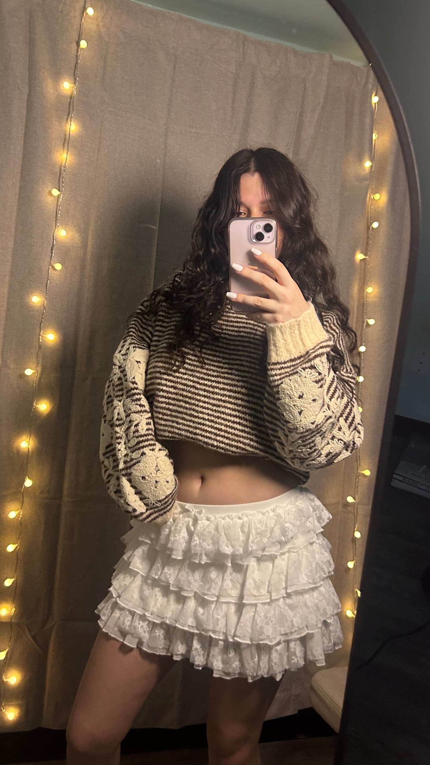 Vintage-Inspired Knit Sweater – Neutral Boho Fall Pullover with Pattern Sleeves