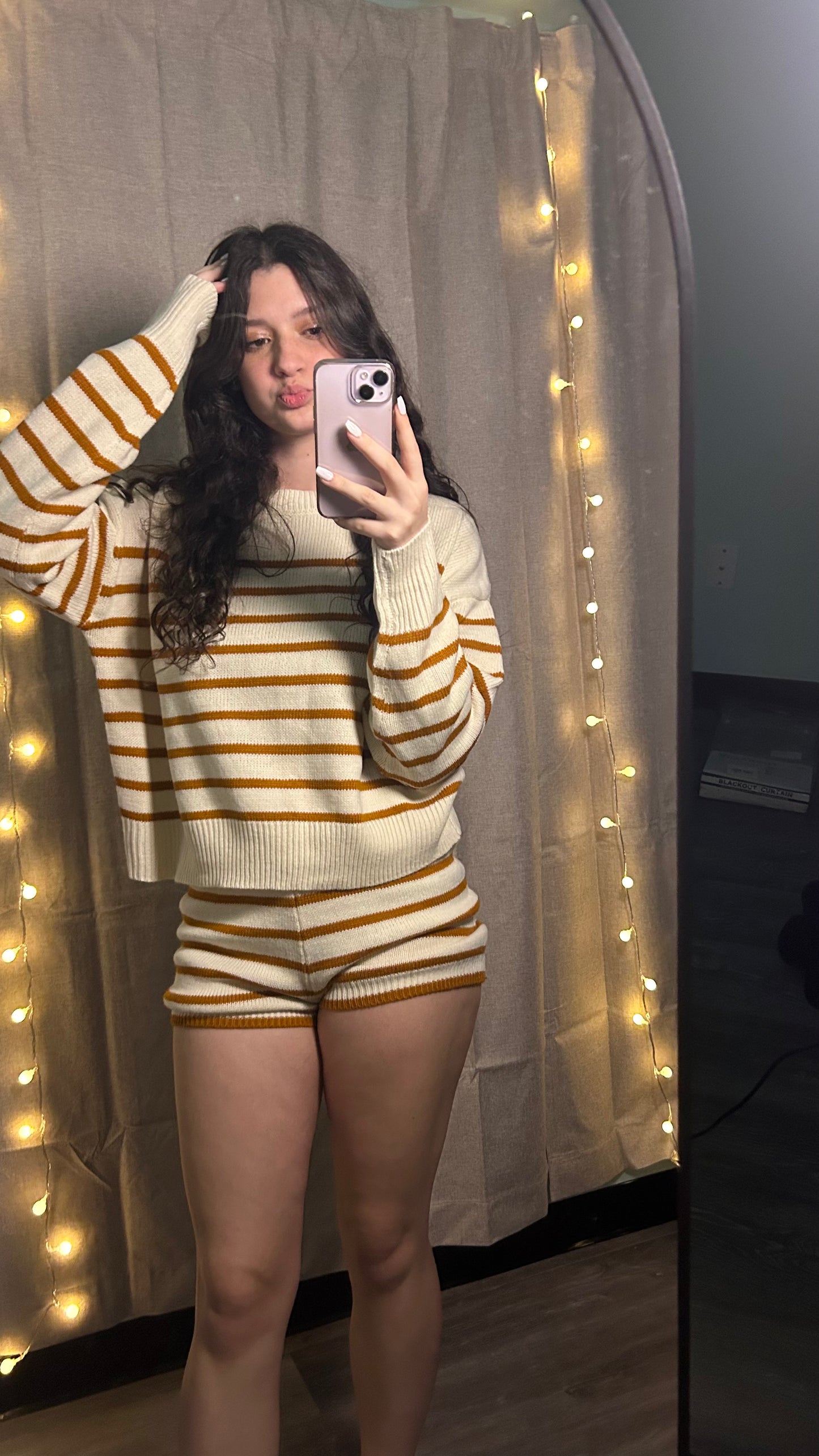 Cozy Striped Knit Lounge Set – Oversized Sweater + High-Waist Shorts | Fall Loungewear Outfit