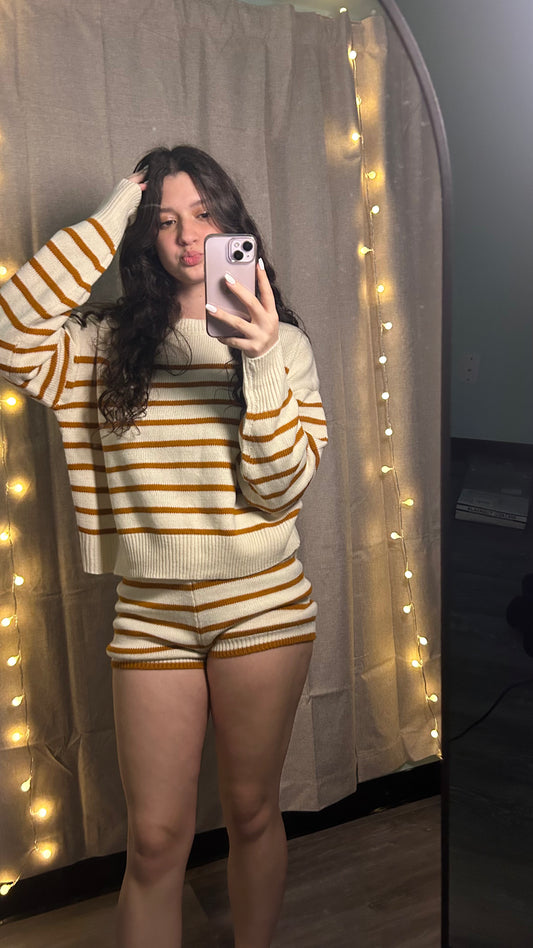 Cozy Striped Knit Lounge Set – Oversized Sweater + High-Waist Shorts | Fall Loungewear Outfit