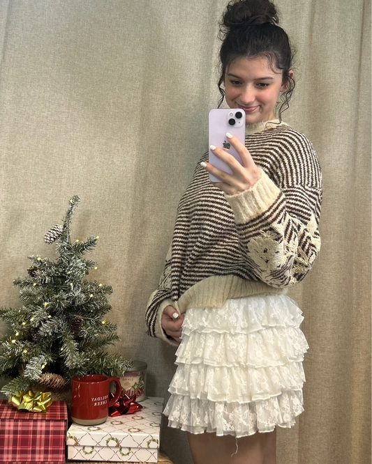 Snowflake Ruffle Lace Mini Skirt | White Christmas Party Skirt | Winter Holiday Outfit Bottoms | Layered Flowy Skirt Women